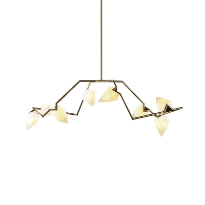 Branch Metallic Hanging Island Light Modern 5 Heads Black/Gold Pendant Lighting with Gem Frosted White Glass Shade