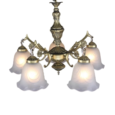 Bronze 5-Bulb Ceiling Hang Lamp Antique Milky Frosted Glass Scalloped Chandelier over Dining Table