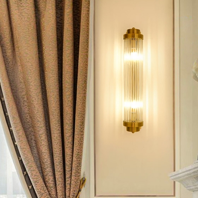 Clear Ribbed Glass Tube Sconce Light Postmodern 1-Light Gold Wall Light Kit for Living Room