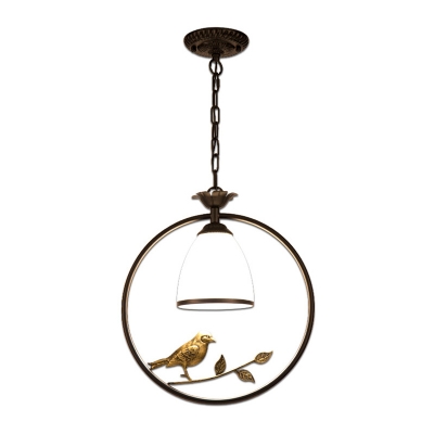 Cream Glass Bell Hanging Light Farmhouse Single Dining Room Pendant Lamp with Round/Oval Frame and Bird Decor in Black