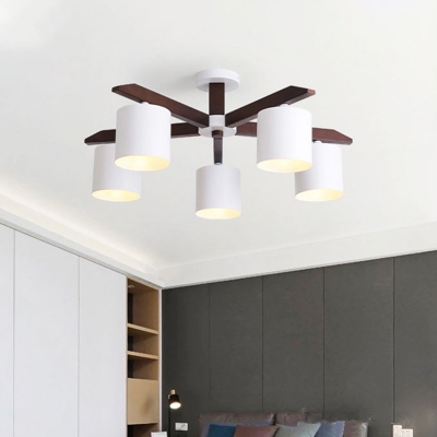 Dark Brown Radial Semi Flush Chandelier Nordic 5/6/8 Heads Wooden Flush Ceiling Light with White Cylinder Metal Shade