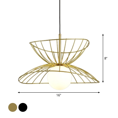 Dress Hem Pendant Light Kit Postmodern Iron 1-Light Black/Gold Hanging Ceiling Light with Ball Milk Glass Shade