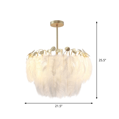 Feather Layers Pendant Chandelier Contemporary 3 Bulbs Hanging Ceiling Light in Gold for Bedroom