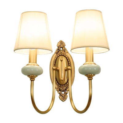 Gold 1/2-Light Wall Lighting Antique Fabric Conical Wall Mount Lamp with Swoop Arm and Ceramic Accent
