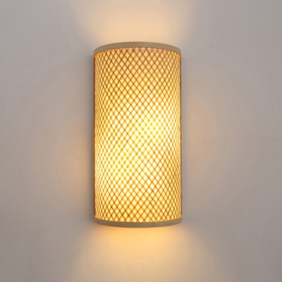 Half-Cylinder Corridor Flush Wall Sconce Hand-Twisted Bamboo Single Asian Style Wall Mount Lamp in Beige