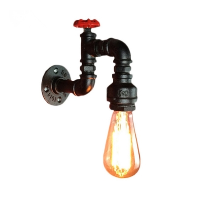 Industrial Water Tap Wall Lighting Single-Bulb Iron Wall Mounted Lamp in Black with Valve Deco