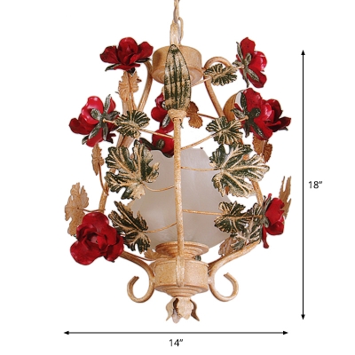 Iron Beige and Red Pendant Lamp Rose 1 Bulb Pastoral Flower Pendulum Light with Inner Frosted Glass Shade