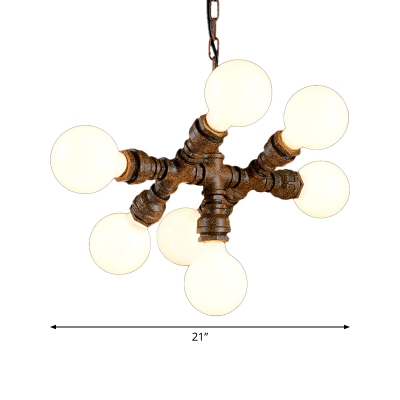 Iron Rust Chandelier Water Pipe 7 Bulbs Loft Style Ceiling Hang Light with Exposed Bulb Design