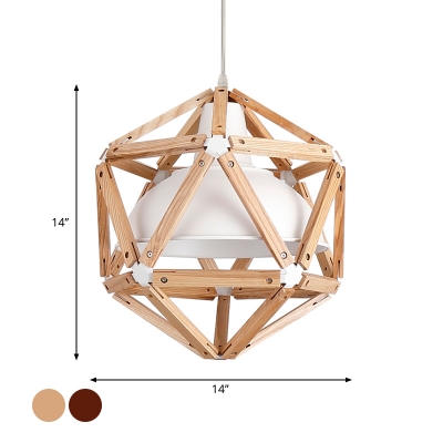 Light/Dark Brown Geometric Cage Pendant Light Modern Single Wooden Hanging Lamp with Bowl Shade Inside