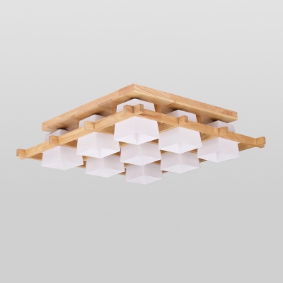 Milk Glass Cube Semi Flush Light Nordic 4/6/9 Bulbs Beige Close to Ceiling Lamp with Wood Guard