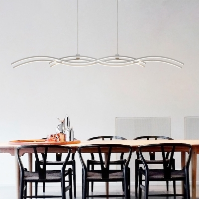 Minimalist Wavy Line Art Pendant Metal Dining Room LED Island Lamp in Silver, Warm/White Light