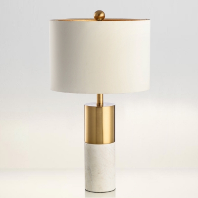 Minimalistic Cylinder Nightstand Lamp Fabric Single-Bulb Bedroom Table Light in White/Grey and Gold
