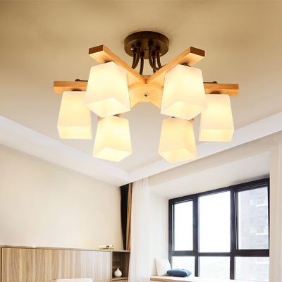 Modern 3/6/8-Bulb Flush Chandelier Black and Wood Radial Semi Mount Lighting with Trapezoid Opal Glass Shade
