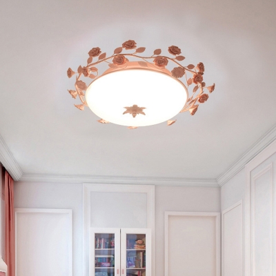 Pastoral Bowl Shade Ceiling Light 1 Bulb White Glass Flush Mounted Lamp with Handmade Rose Branch in Pink