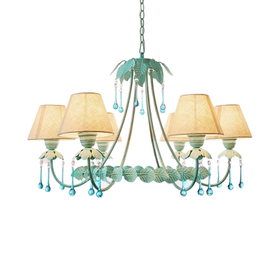 Pastoral Cone Shade Chandelier 3/6-Light Fabric Hanging Lamp in White and Aqua with Crystal Accent