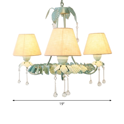 Pastoral Cone Shade Chandelier 3/6-Light Fabric Hanging Lamp in White and Aqua with Crystal Accent