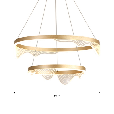 Polished Gold Circle Pendant Lamp Minimalist 2/3-Head Metal LED Chandelier Light with Wavy Trim