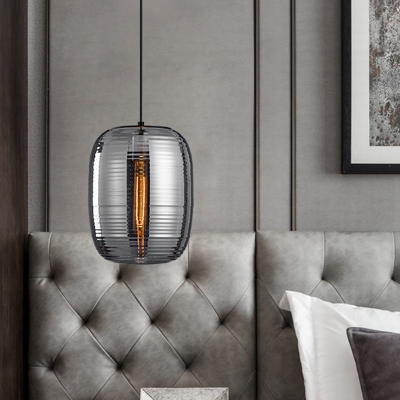 Postmodern 1-Bulb Hanging Pendant Black Elliptical Lantern Ceiling Light with Amber/Smoke Ribbed Glass Shade