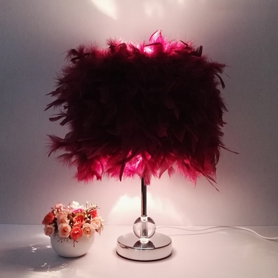 Red/Pink/Purple Cylindrical Night Light Modern Romantic 1-Light Feather Table Lamp for Bedroom