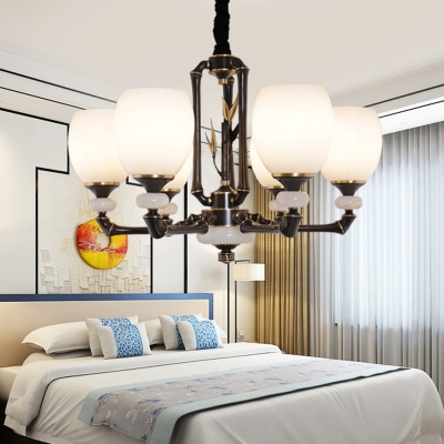 Retro Dome Shade Chandelier Lighting 6-Light Opal Frosted Glass Ceiling Suspension Lamp in Black