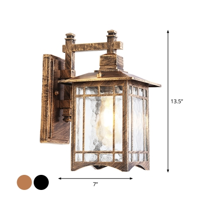 Ripple Glass Black/Brass Sconce Light Cuboid Single-Bulb Farmhouse Outdoor Wall Lantern