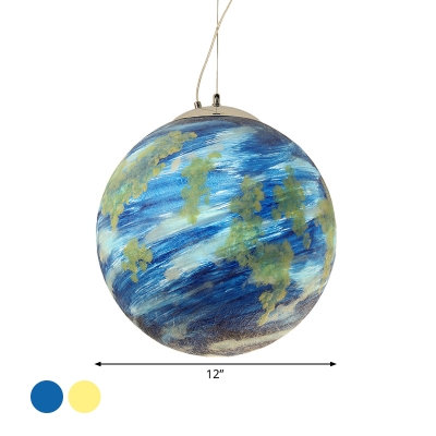 Saturn/Earth Kids Bedside Down Lighting Blue/Yellow Glass 1 Head Creative Modern Hanging Pendant, 8