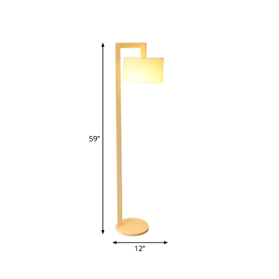 Short Cylinder Fabric Floor Light Simplicity 1-Head Beige Standing Lamp with Wood Square Upright Pole