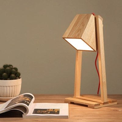 Simplicity Trapezoid Reading Book Light Wood 1 Bulb Study Room Desk Lamp with Shelf Base in Beige