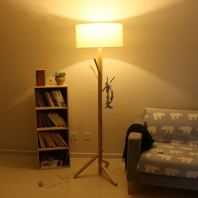 Tree Branch Wooden Reading Floor Lamp Nordic 1-Bulb Beige Standing Light with Round Fabric Shade