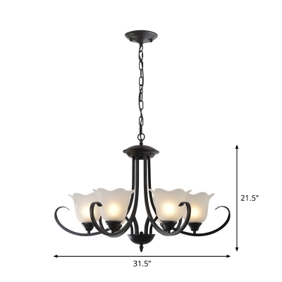 Vintage 1/2-Tier Flower Chandelier 3/6/9 Lights Opaline Frosted Glass Pendant Lighting with Scroll Arm in Black