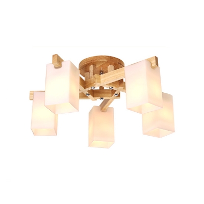 3/5/8 Lights Bedroom Semi Flush Nordic Wooden Ceiling Mount Chandelier with Rectangle Ivory Glass Shade