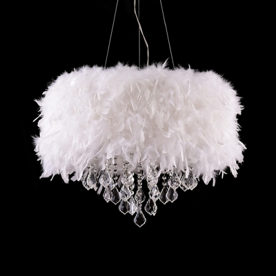 5/6/9-Bulb Hotel Ceiling Hang Light Modern White Chandelier with Drum Feather Shade and Crystal Drape, 16