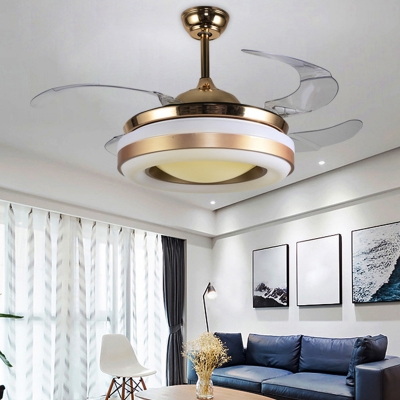 Acrylic Recessed Shade Semi-Flush Ceiling Light Minimalistic Gold 4 Blades LED Pendant Fan Light, 19