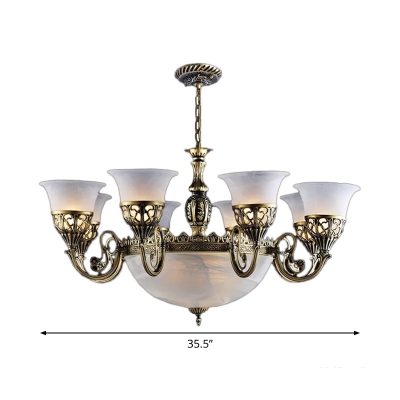 Antique Style Flared Chandelier 11-Bulb Frosted Glass Ceiling Hang Light in Bronze for Living Room