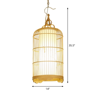 Asian Elongated Birdcage Pendulum Light Bamboo 9.5