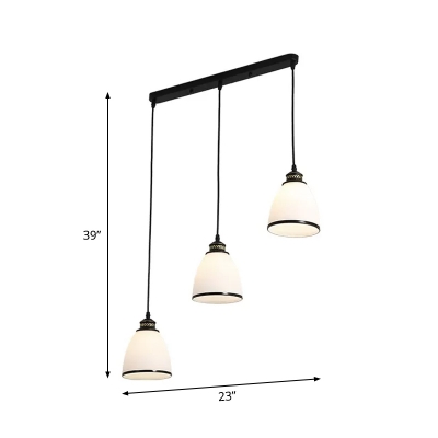 Black 3 Lights Cluster Pendant Retro Style White Glass Bell Hanging Ceiling Light with Round/Linear Canopy