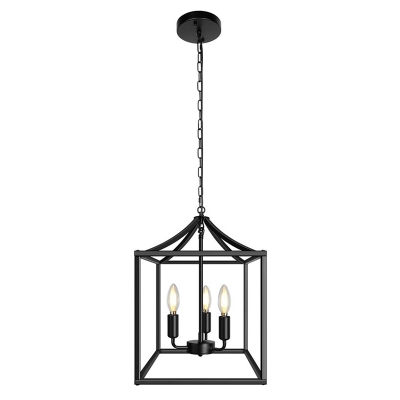 Black/Gold Candlestick Chandelier Industrial Metal 3-Bulb Kitchen Hanging Lamp with Square Cage