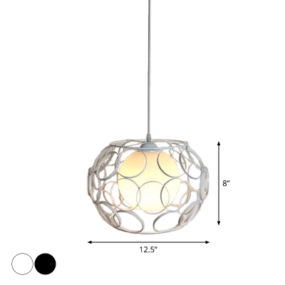 Black/White Single Pendant Light Loft Style Iron Oval/Spring/Octagon Cage Hanging Lamp with Inner Ball Milk Glass Shade