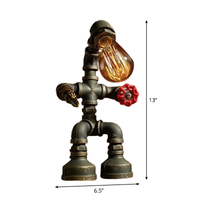 Brass/Copper Pipe Man Table Light Industrial Metal 1 Head Boys Room Night Stand Lamp with Naked Bulb Design