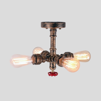 Bronze Pipe Semi Flush Light Industrial Iron 4-Light Foyer Ceiling Mount Lamp with Water Valve