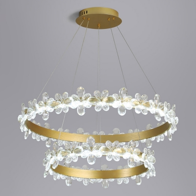 Clear Crystal Floral Ring Chandelier Modernist 2-Light Gold Small/Large Hanging Lamp in Warm/White Light