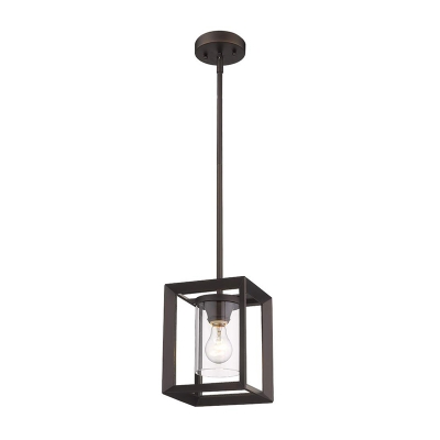 Cuboid Iron Pendant Light Fixture Rustic 1-Light Kitchen Bar Pendulum Light in Black with Inner Cup Clear Glass Shade