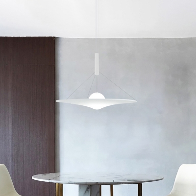 Fabric Flying Saucer Suspension Lighting Postmodern Style 1-Light White Hanging Pendant with Ball Milk Glass Shade