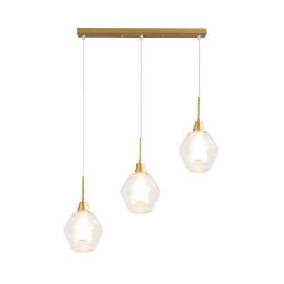 Gold Diamond 2-Shade Cluster Pendant Postmodern 3 Lights Clear Blown Glass Hanging Light with Round/Linear Canopy