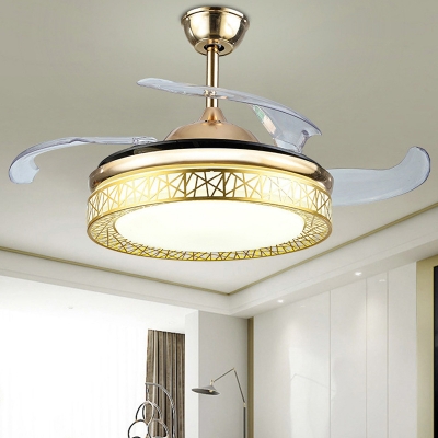 Gold Nest Round LED Semi Flush Light Postmodern Metal 4-Blade Pendant Fan Lamp for Bedroom, 19