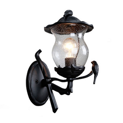 Gourd Clear Bubble Glass Wall Lamp Countryside 1-Light Outdoor Sconce Light with Bird Decor in Black