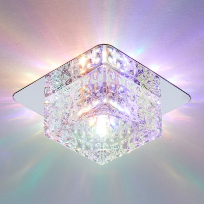 Hammered Crystal Square Ceiling Lamp Minimalist Chrome LED Flush Mount Lighting in Warm/White/Purple Light