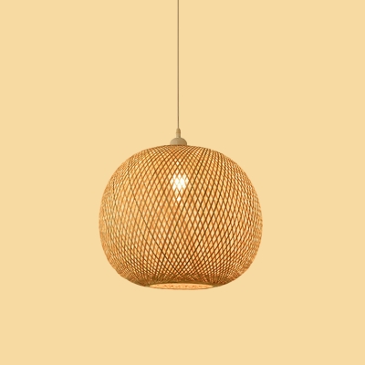 Hand-Woven Bellied/Pot/Onion Hanging Light Asian Style Bamboo 1 Bulb Beige Pendant Lighting Fixture