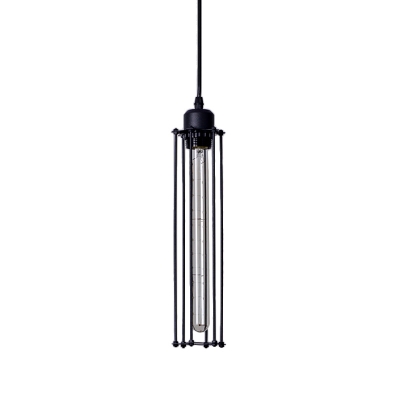 Loft Style Cylindrical Pendant Light Kit 1-Light Iron Ceiling Suspension Lamp in Black