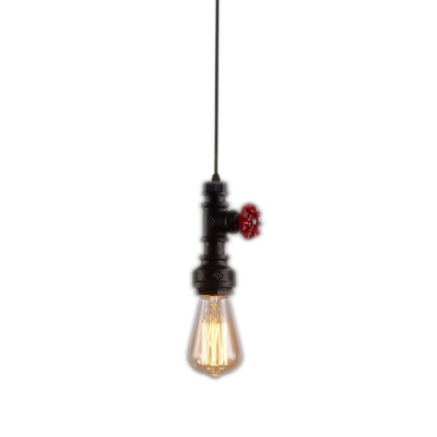 Metal Water Pipe Exposed Pendant Light Loft 1-Head Kitchen Down Lighting in Black/Silver/Bronze with Decorative Valve